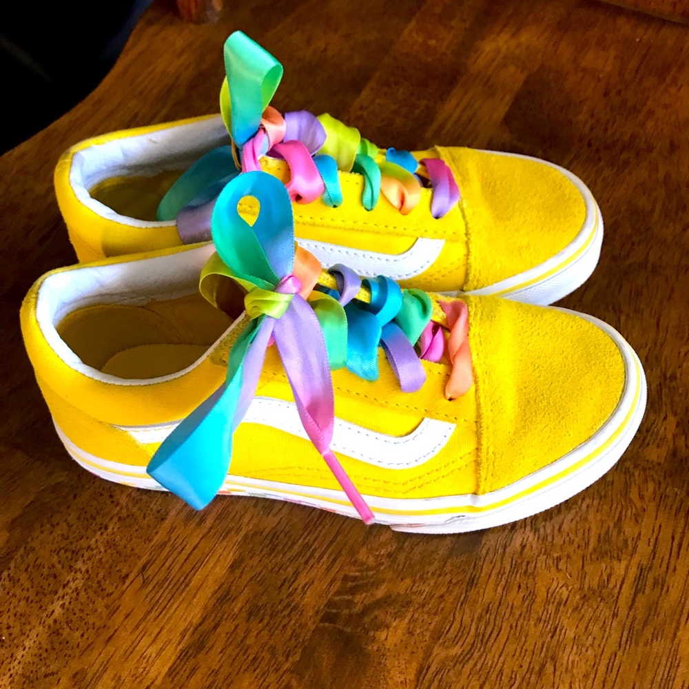 Kids Yellow/rainbow Vans (Old School) lace up shoes (used in good condition)